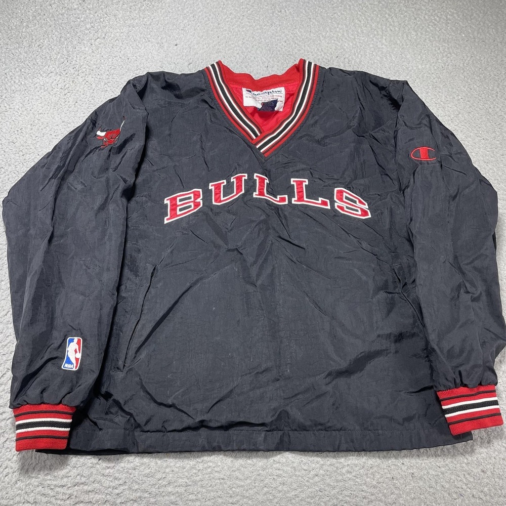 Chicago Bulls Jacket Mens Medium Black‎ NBA Basketball Pullover Champion V Neck